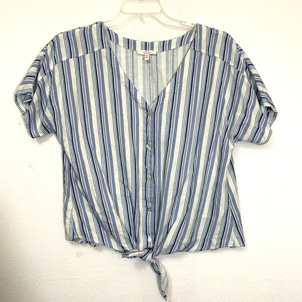 Como Vintage linen blend white blue short sleeve button up shirt Women's XL